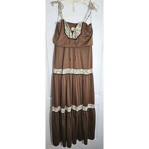 1970s Candi Jones Maxi Brown Hippie Prairie Dress Bohemian Size Medium 55in Long